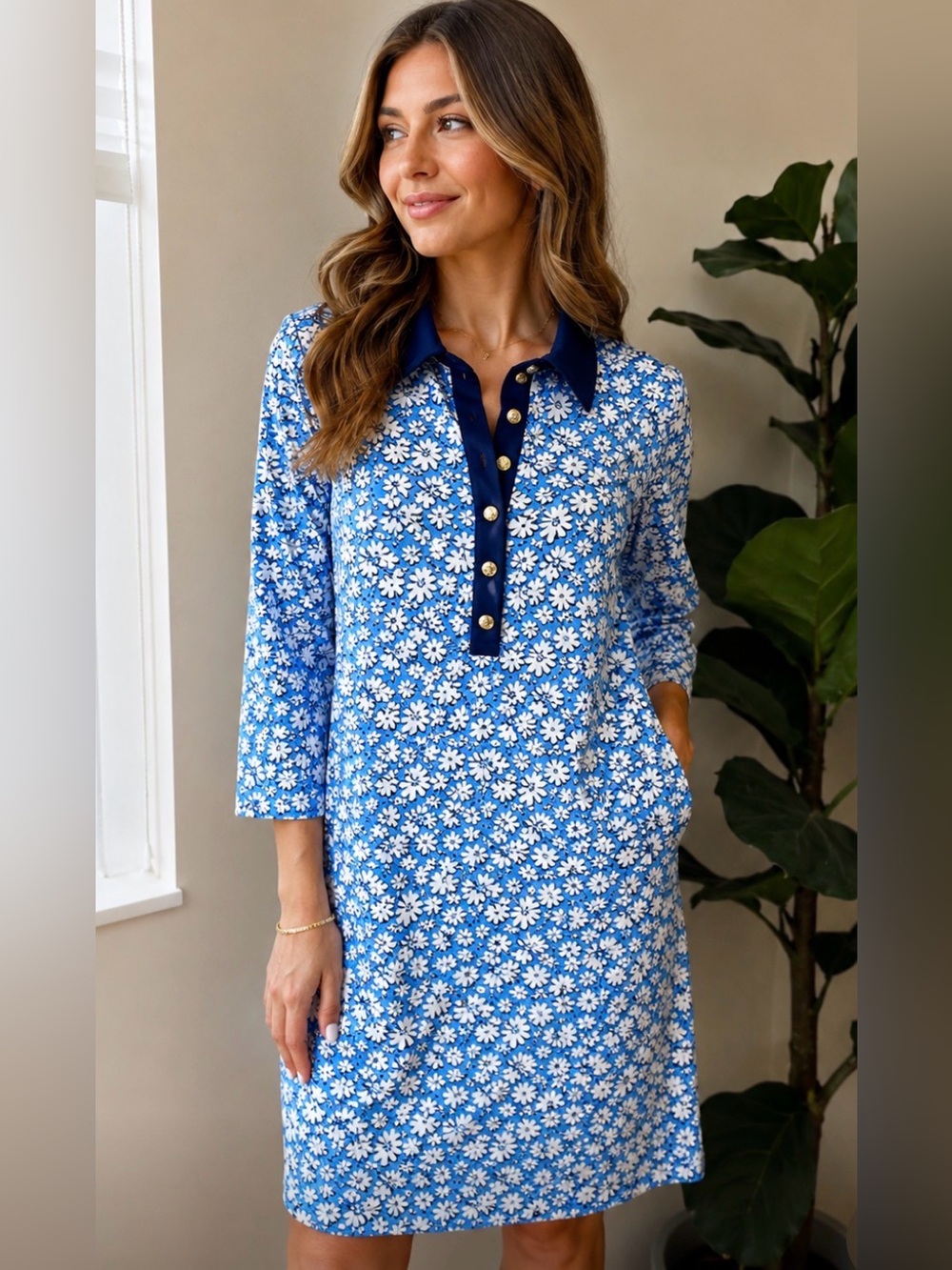 NWT Lilly Pulitzer Blue Floral Collared Shift Dress Size M